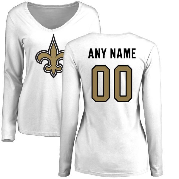 Women New Orleans Saints NFL Pro Line White Custom Name and Number Logo Slim Fit Long Sleeve T-Shirt